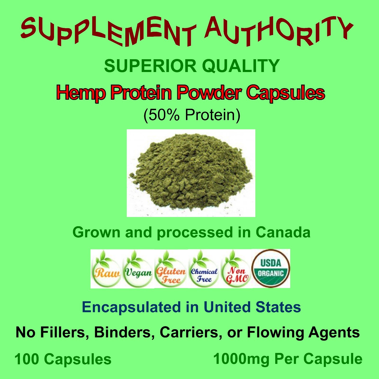 100% Organic Hemp Protein Powder Capsules 1000mg Per Capsule – NEW FRESH STOCK!
