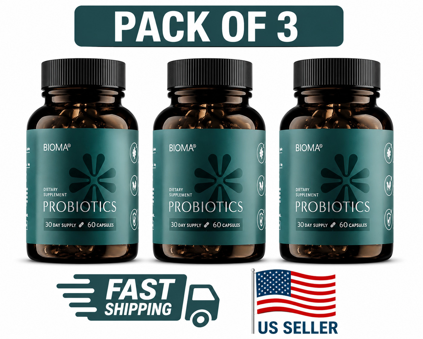 Pack Of 3 BIOMA Probiotics Digestive Health Support for Men & Women 60 Capsules