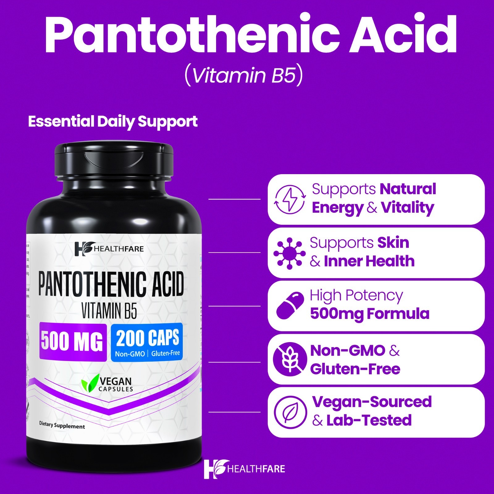 Pantothenic Acid Vitamin B5 500mg 200 Capsules High Quality Pure Form HealthFare