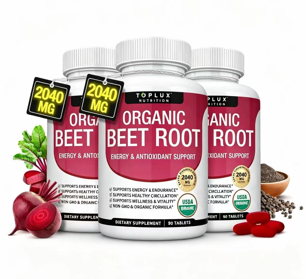 Toplux Organic Beet Root 2040mg 90 Tablets 1/2/3 Pack Energy Circulation Support