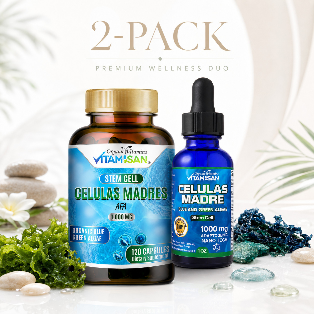 Celulas Madres Stem Cell 2 Pack Blue Green Algae AFA Spirulina Drops Caps Inmune