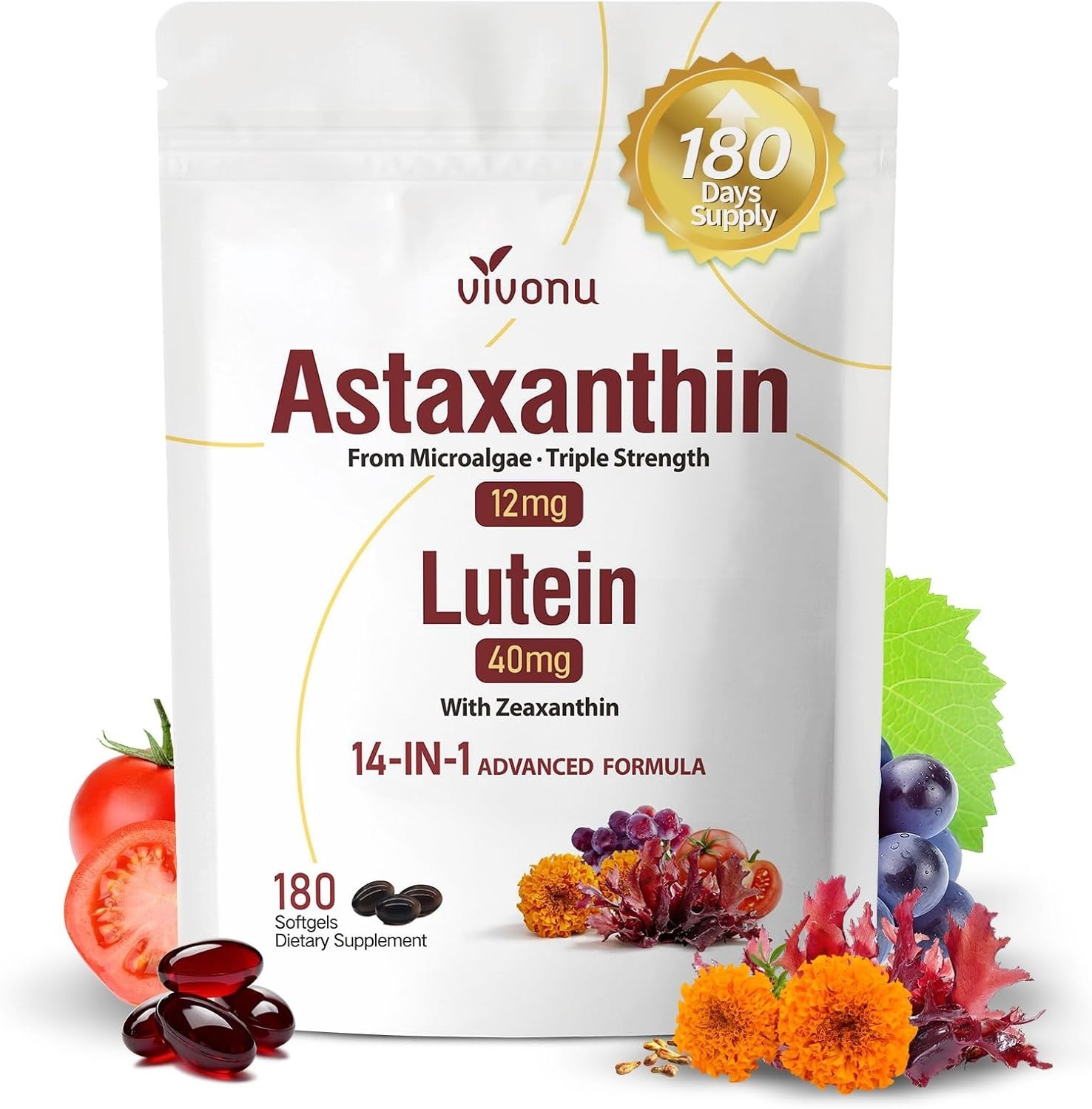Daily Eye & Skin Health: 14-in-1 Astaxanthin and Lutein Supplement 180 Softgels
