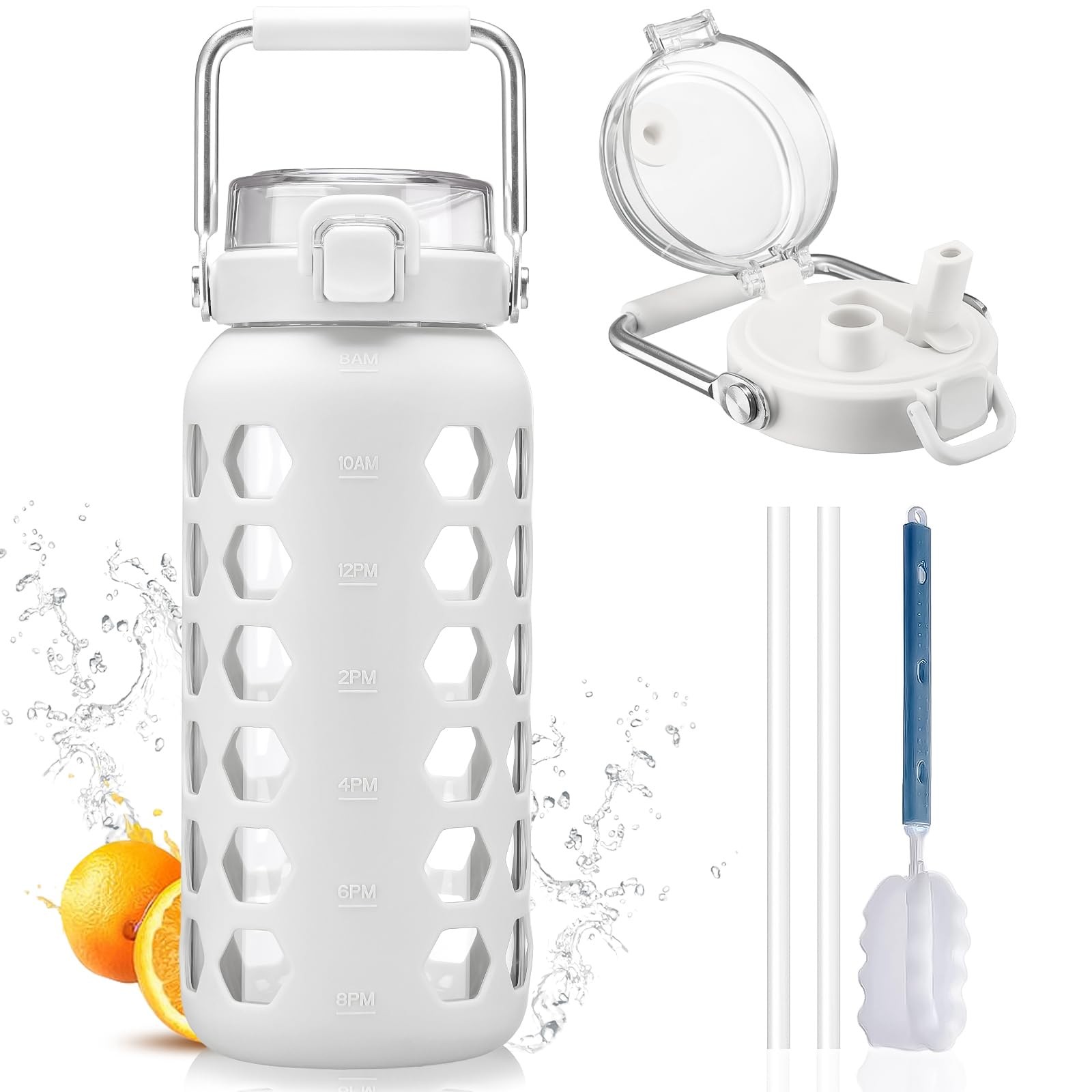 MUKOKO 64oz Glass Water Bottles with Straw and Lid,Half 64 Ounces, White