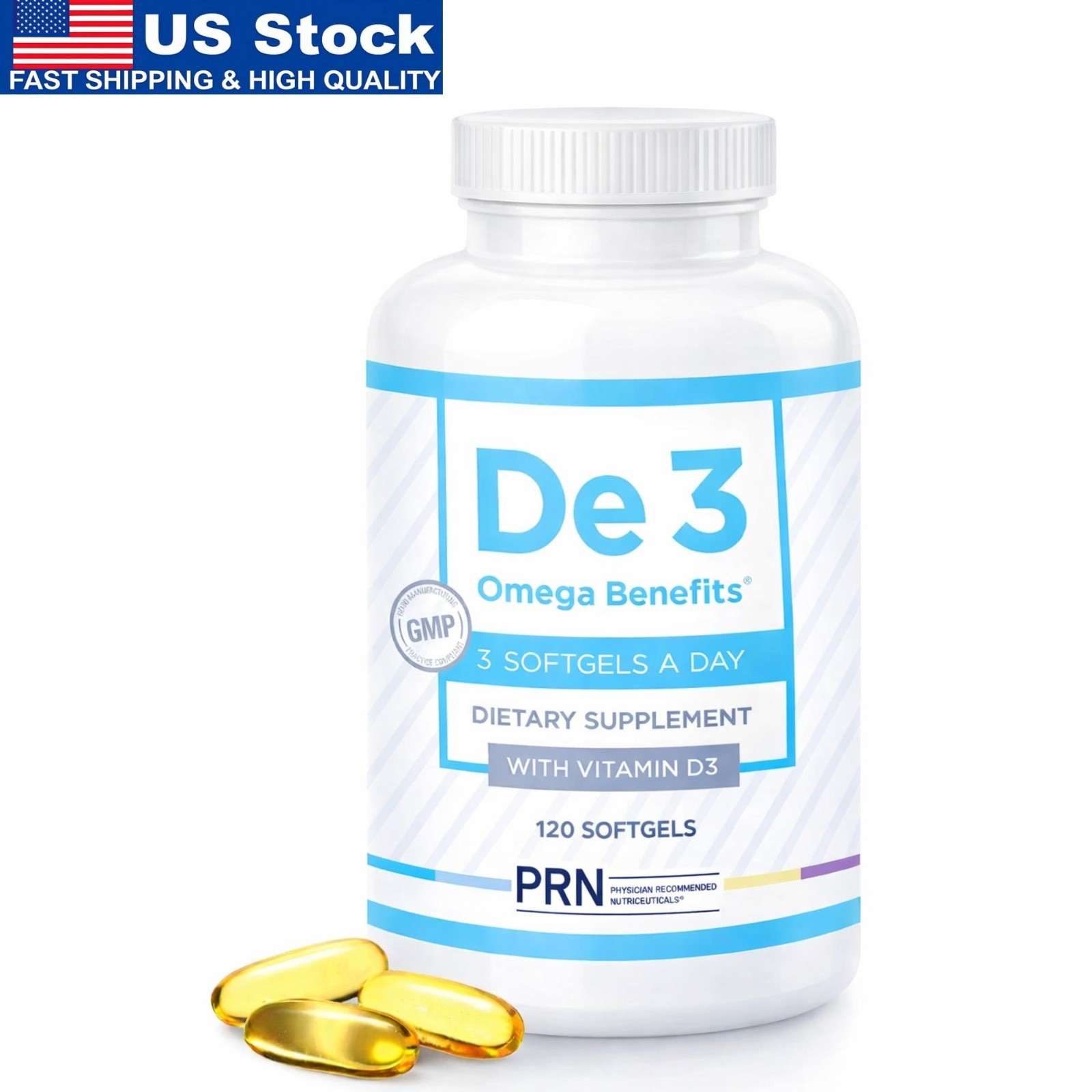 PRN De3 Omega Benefits Vitamin D3 120 Softgels Dietary Supplement