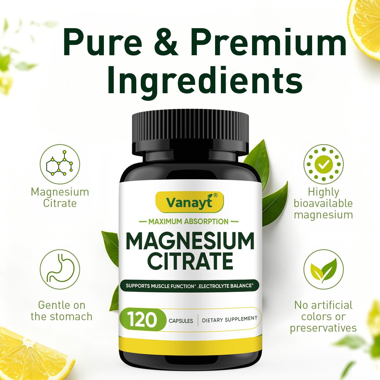 Magnesium Citrate Capsules 500mg Per Serving – Highest Potency 120 Capsules