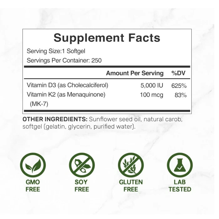 Vitamin D3 K2 250 Softgels Supports Bone Heart Teeth & Immune System Health