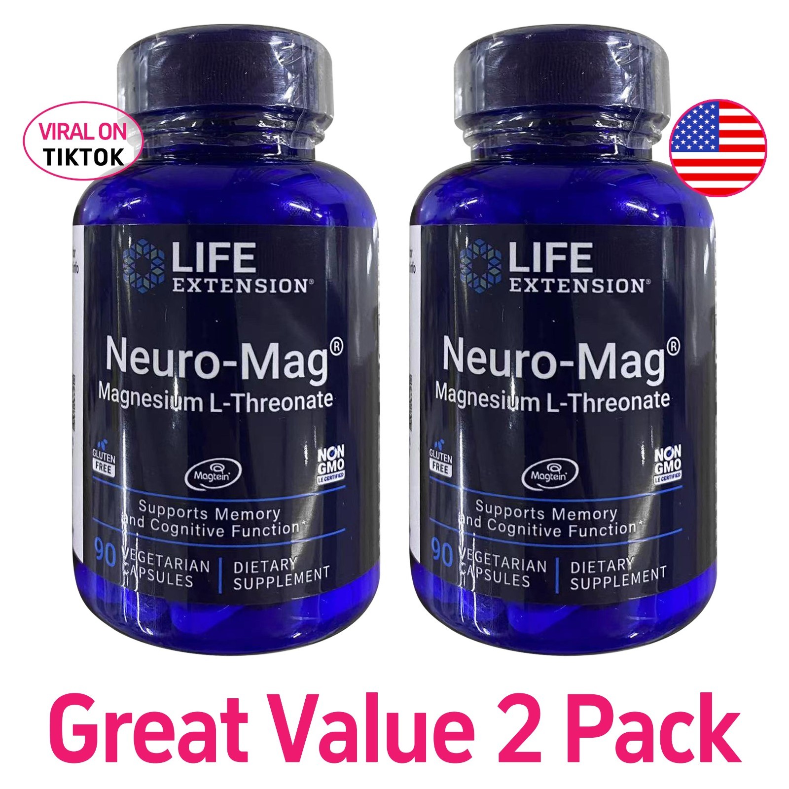 2 PACK Neuro-Mag Magnesium L-Threonate from 2000 mg Magtein Life Extension BEST