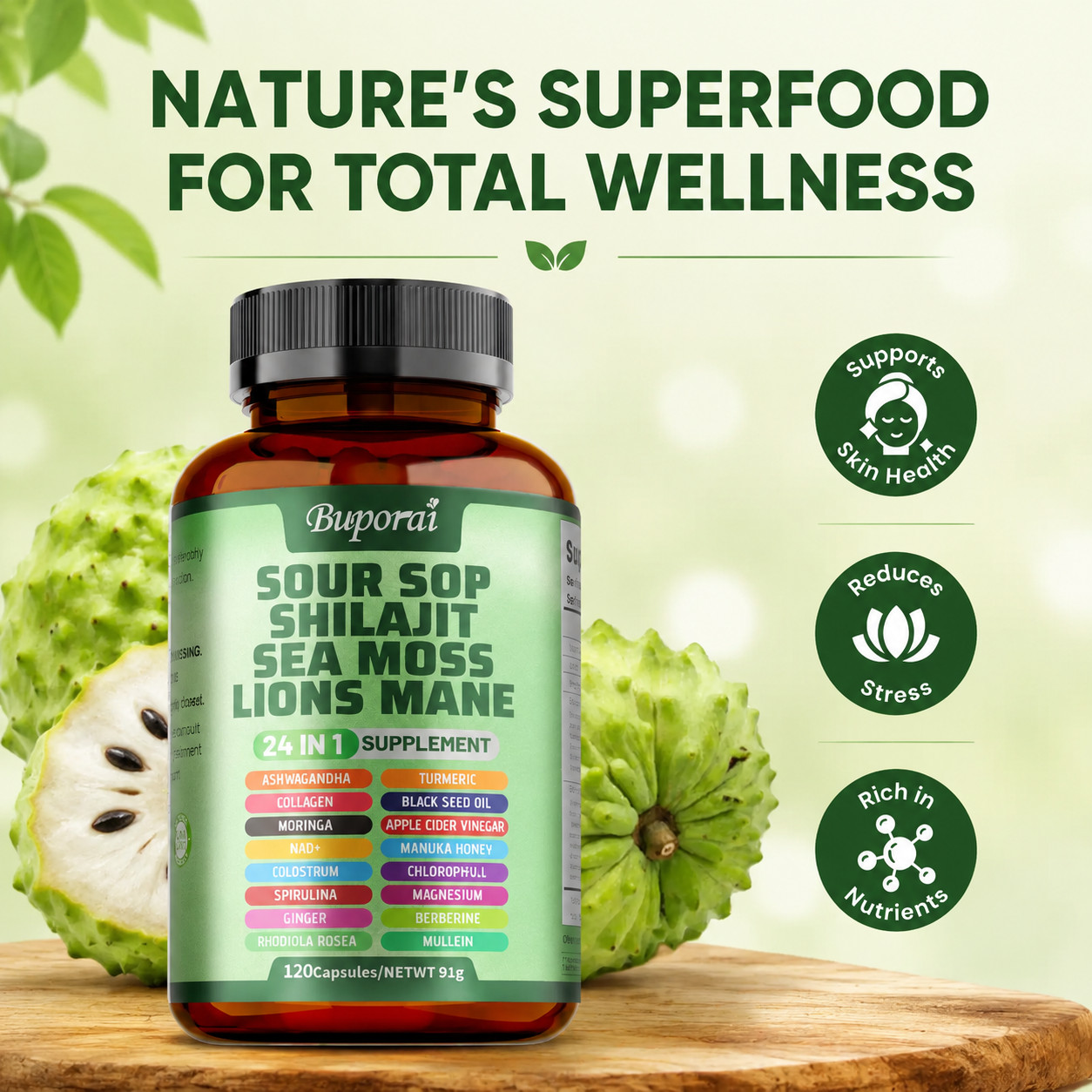 24 in 1 Soursop Complex Capsules Antioxidant Whole Body Wellness 60 Day Supply