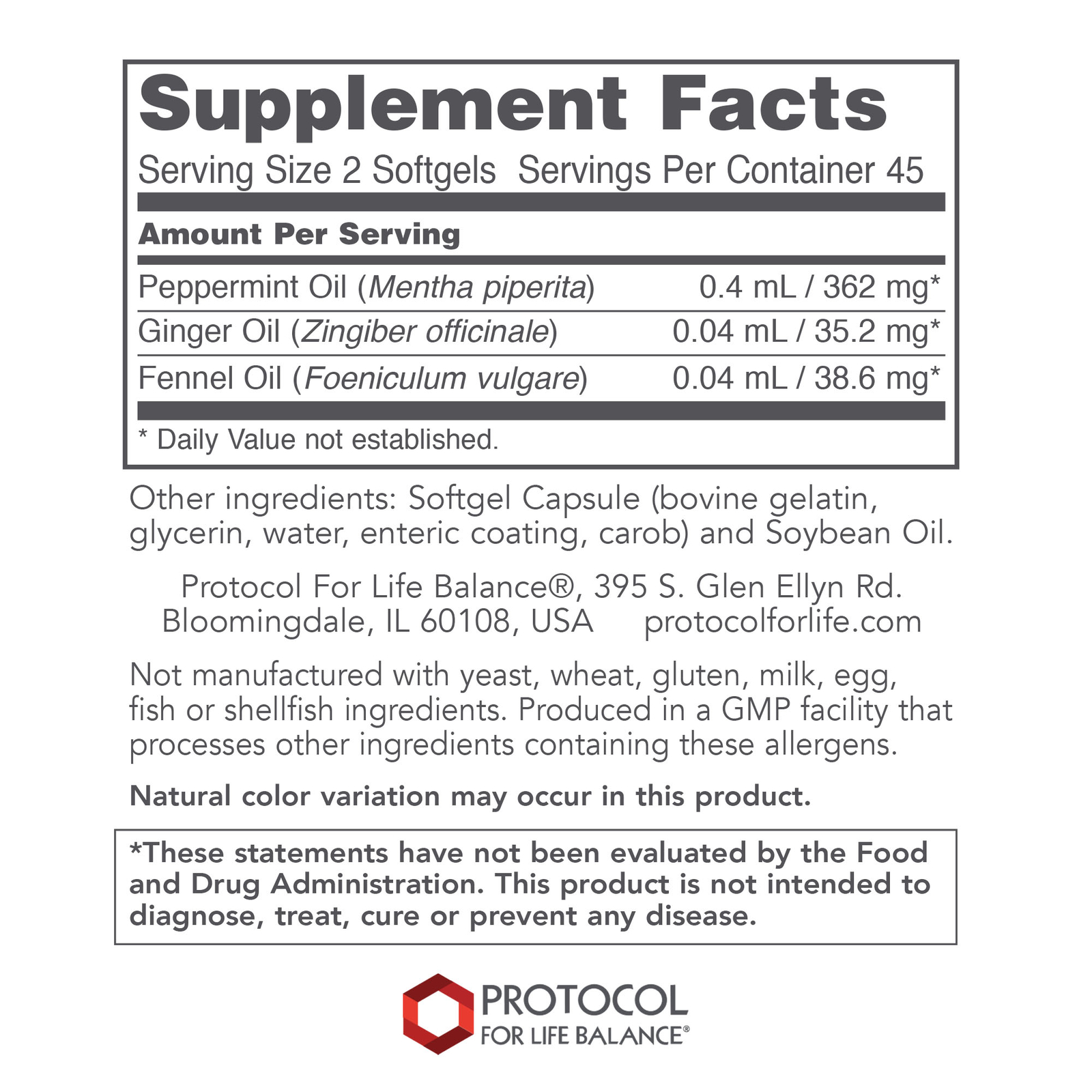 Protocol Peppermint Oil G.I. Digestive Support, Ginger & Fennel Oils 90 Softgels