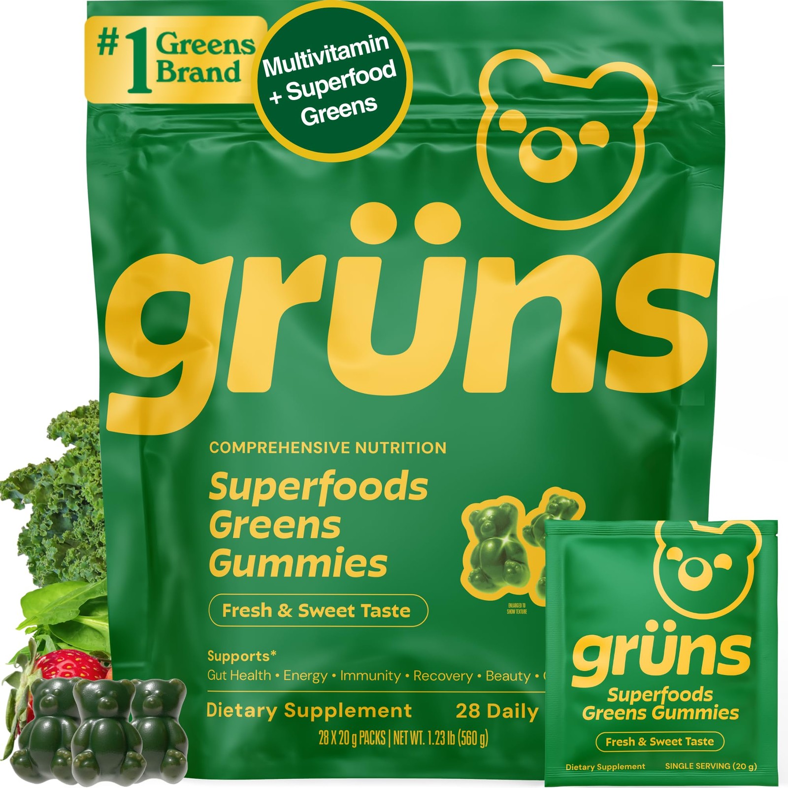 Grüns Superfoods Greens Bear Gummies 28 Packs (8 Each)60+ Ingredients Supplement