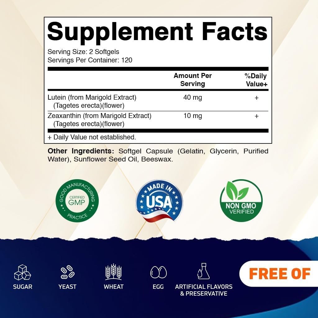 Effective Lutein 40mg & Zeaxanthin 10mg – 240 Softgels for Vision Care