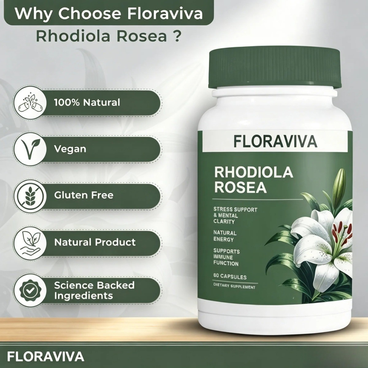 Floraviva Rhodiola Rosea Capsules – Non-GMO for Stress Relief & Energy Support
