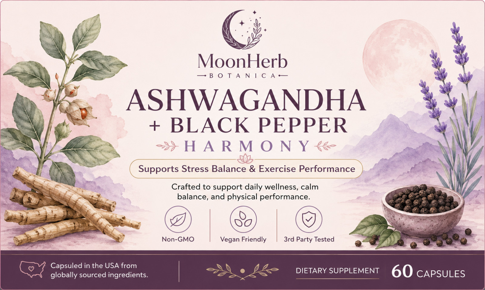 Ashwagandha Black Pepper Harmony 60 Capsules Stress Balance Vegan Non-GMO