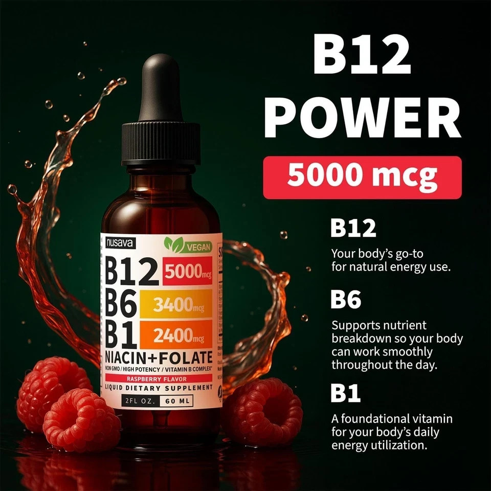 NUSAVA Vitamin B12 Drops – 3 Pack – 5000mcg – Raspberry – 80 Servings+*