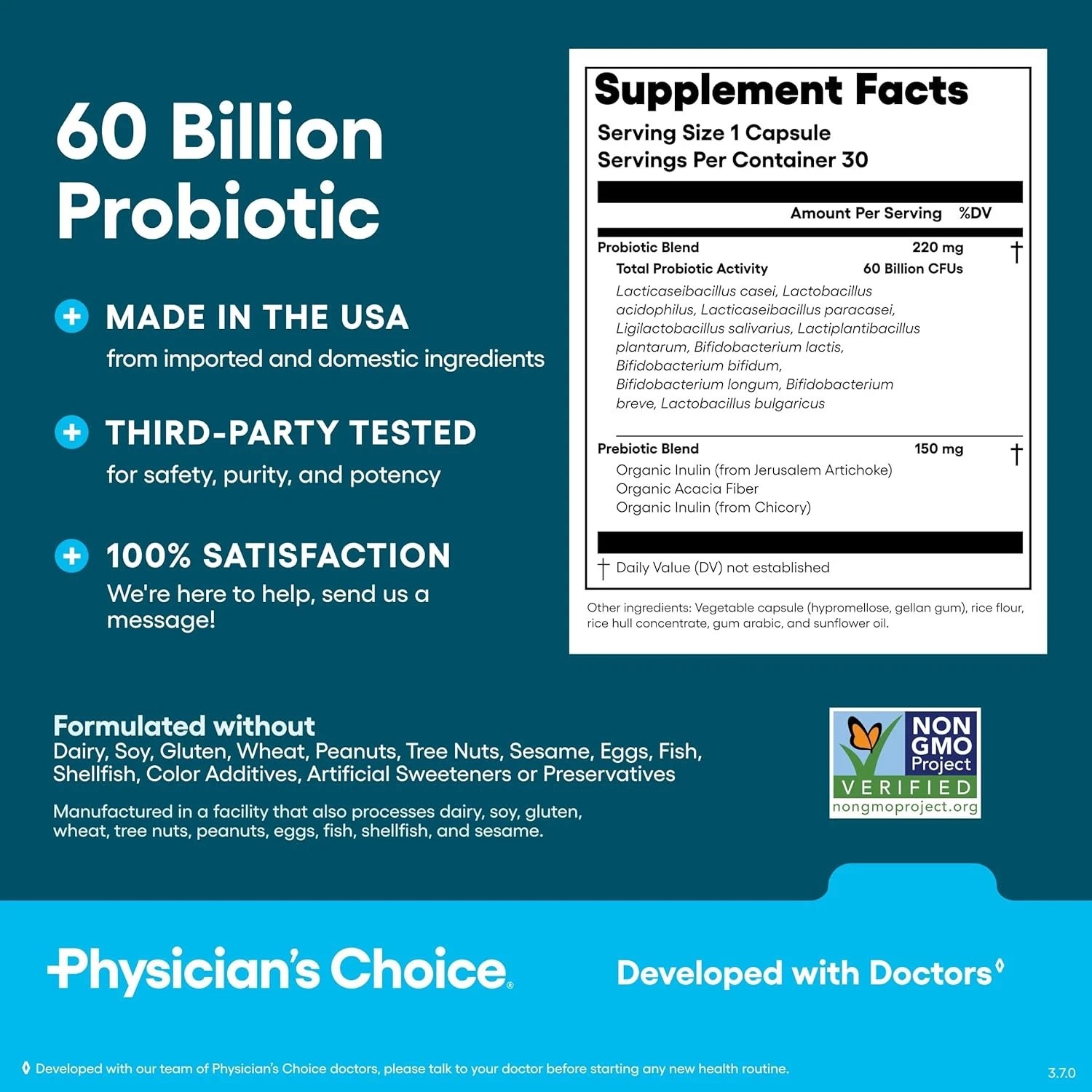 2 BOTTLES- Physician’s Choice 60 Billion Probiotic Dietary Supplement-30Capsules