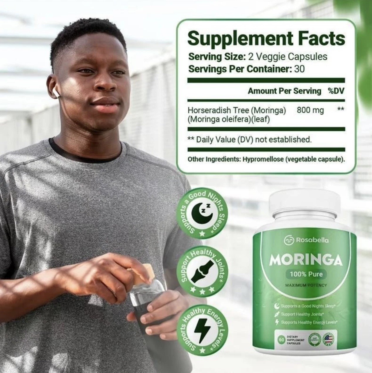 RosabeIIa Capsules-Pure Moringa Powder Energy Skin&Gut Health Superfood exp 3/27
