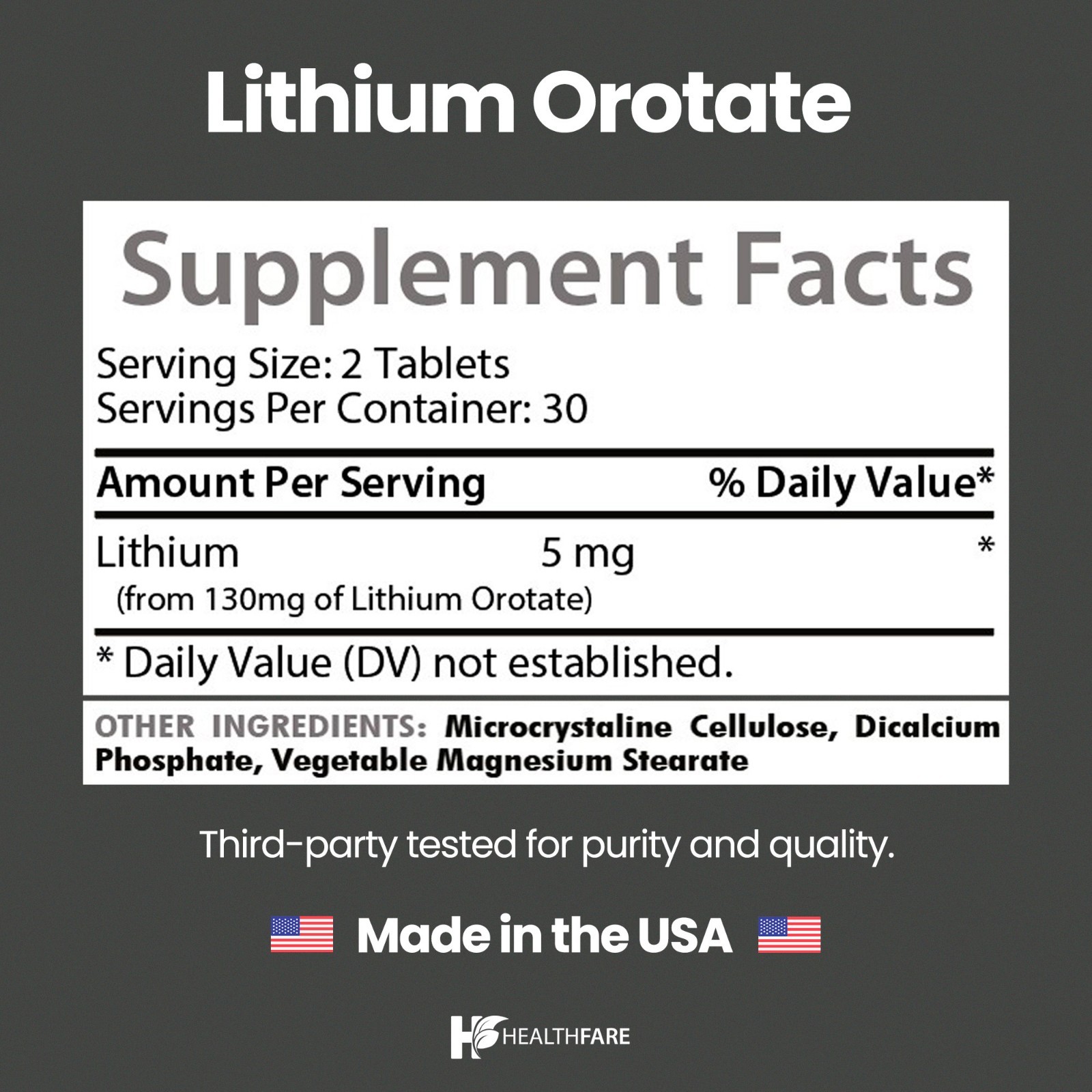 HealthFare Lithium Orotate 130mg | 60 Tabs | Vegan, Gluten-Free, GMO-Free