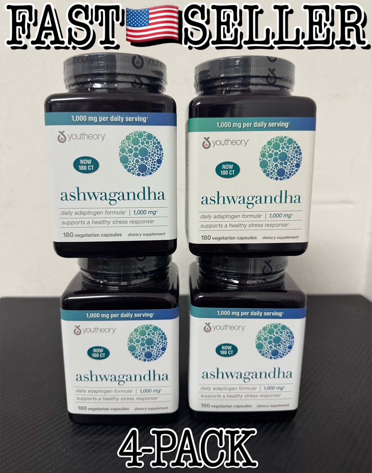 4-Pack youtheory Ashwagandha 1000 mg, 180 Veg Capsules Each Exp:4/2026+ Sealed!