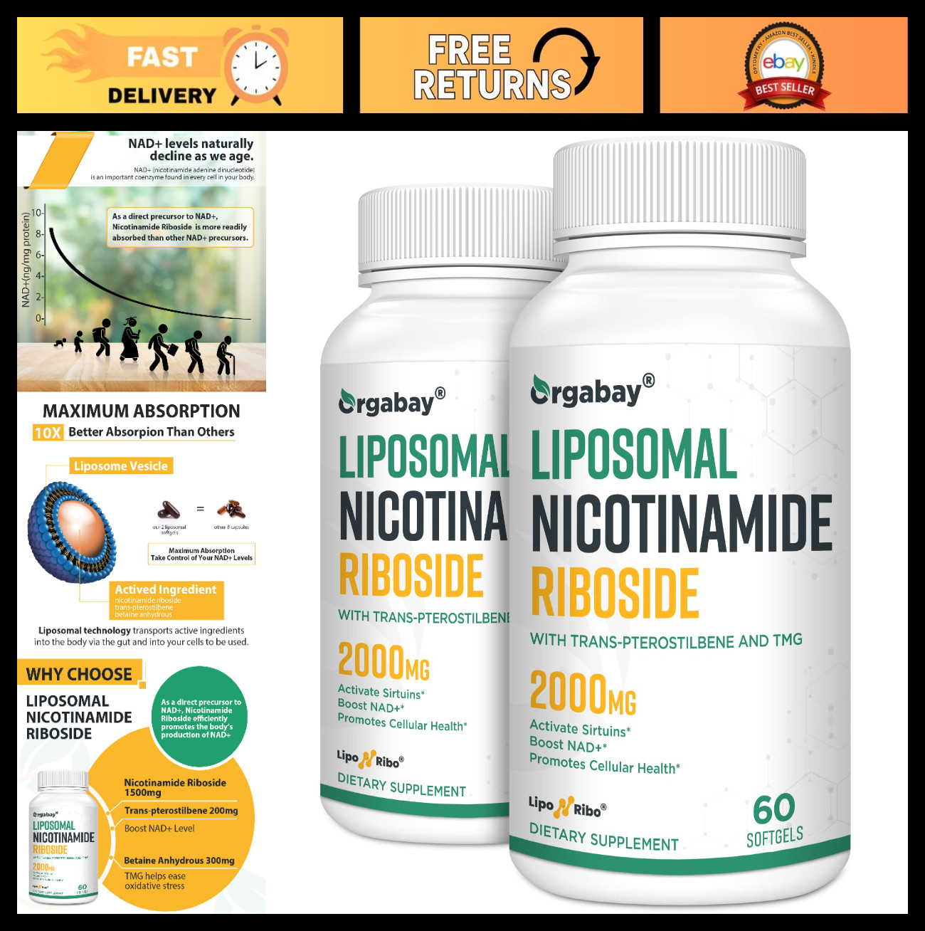 Liposomal Nicotinamide Riboside 2000mg with TMG & Pterostilbene – NAD+ Booster,