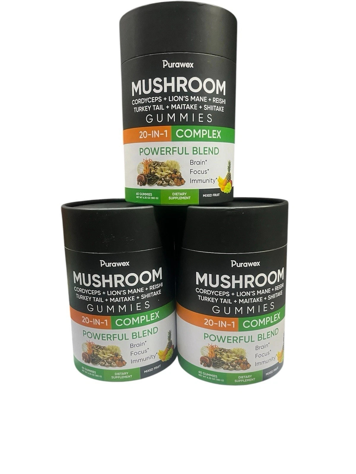 (Pack of 3) Purawex Mushroom 20-IN-1 Complex Gummies (Mixed Fruit), 60ct, each