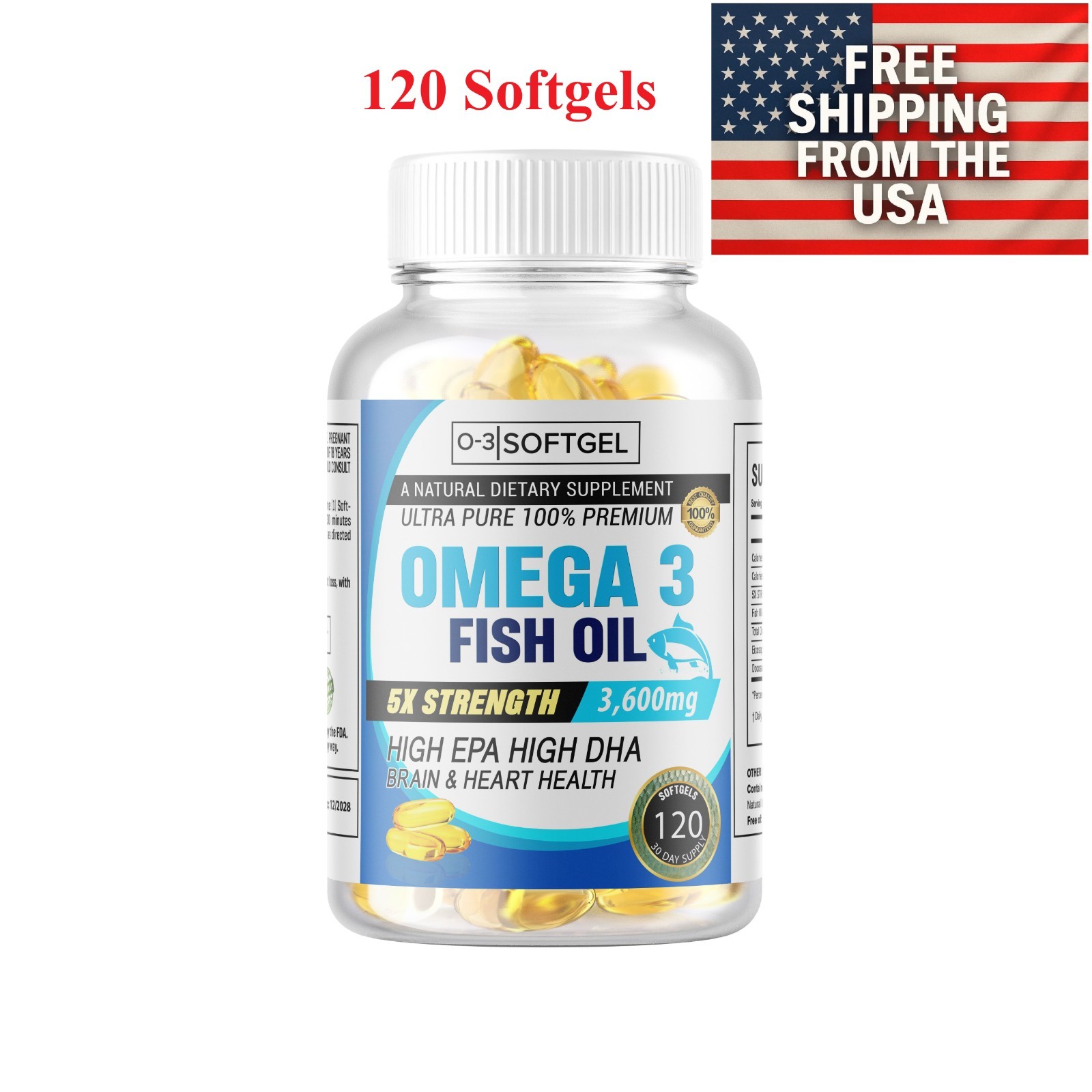5x Strength EPA & DHA Omega 3 Fish Oil 3600mg, Highest Potency, 120 Softgels USA