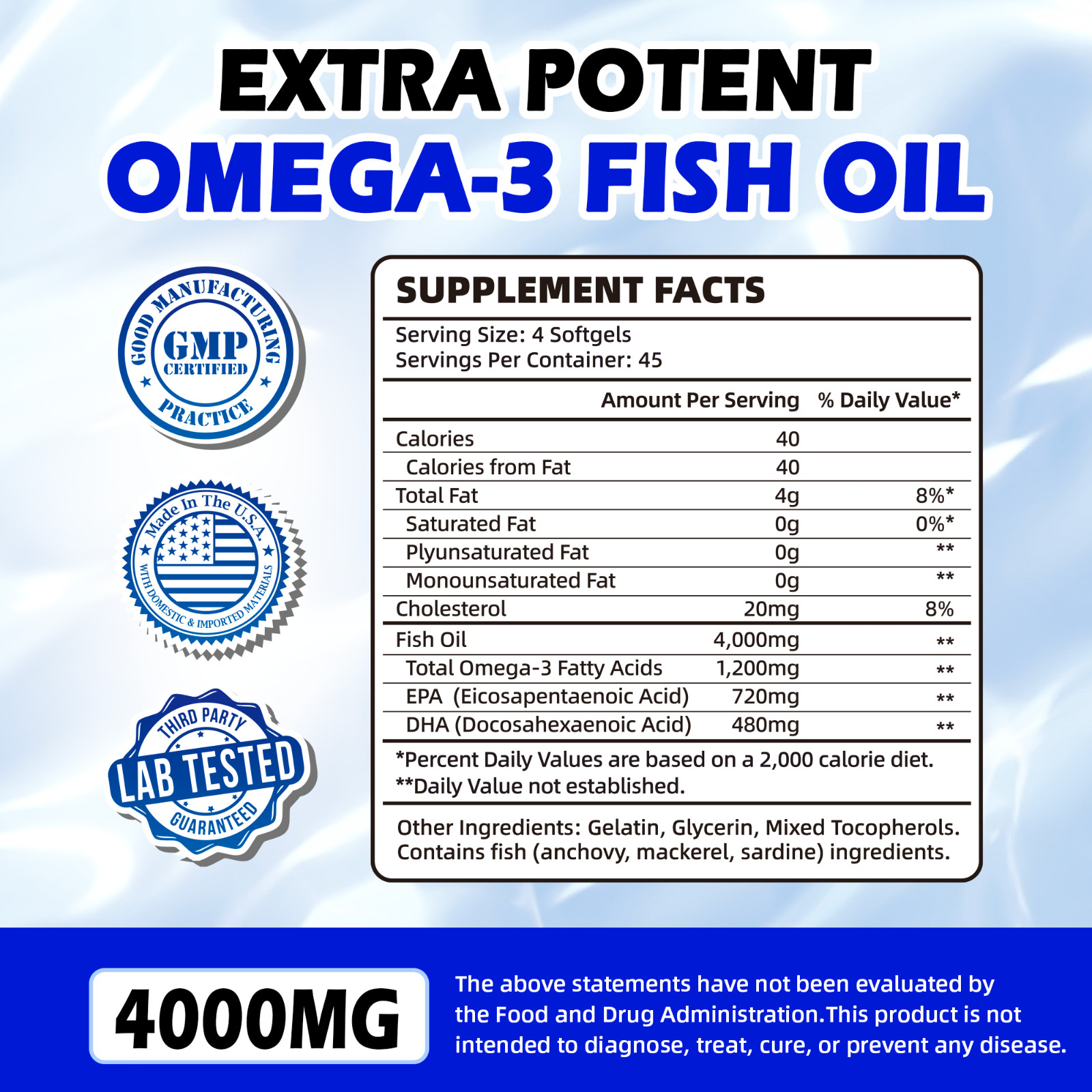 4000mg Fish Oil Omega-3 EPA DHA 180 Softgels Non-GMO