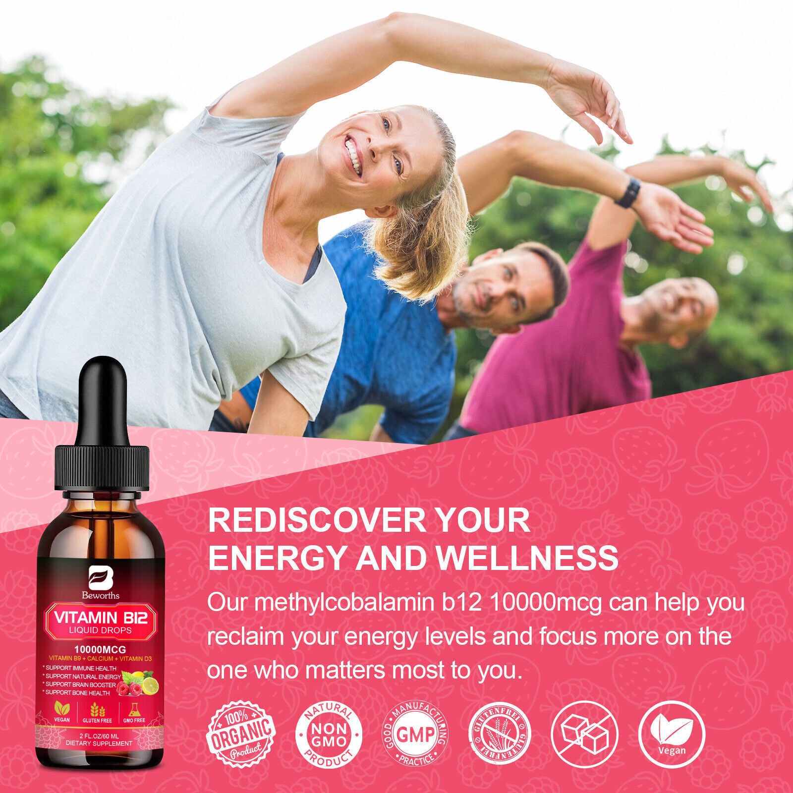 Vitamin B Complex Vegan Liquid Drops B9, B12 & Vitamin D3 for Men and Women