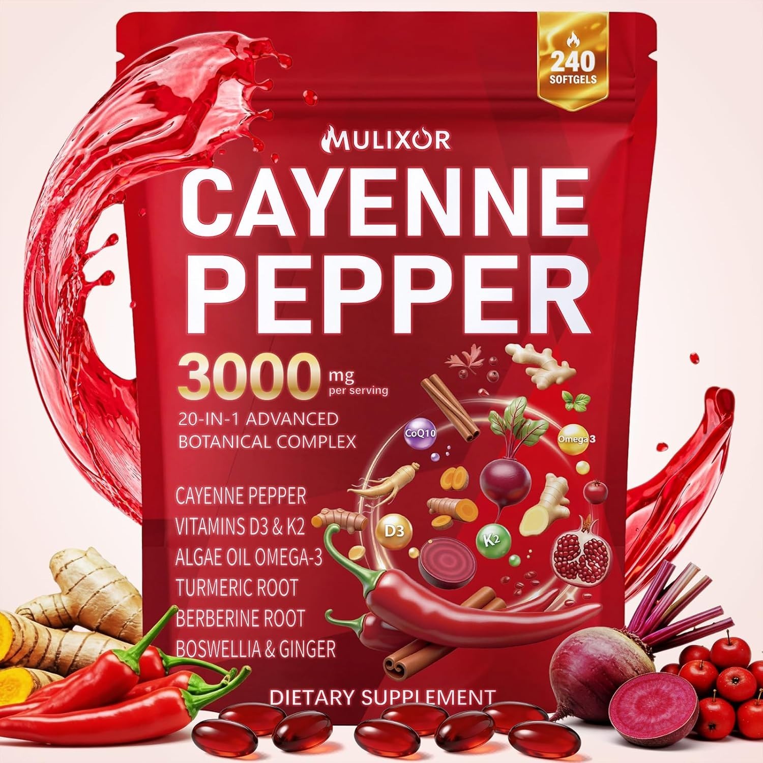 Gluten-Free Cayenne Pepper Softgels – 20-in-1 Metabolism & Circulation Support