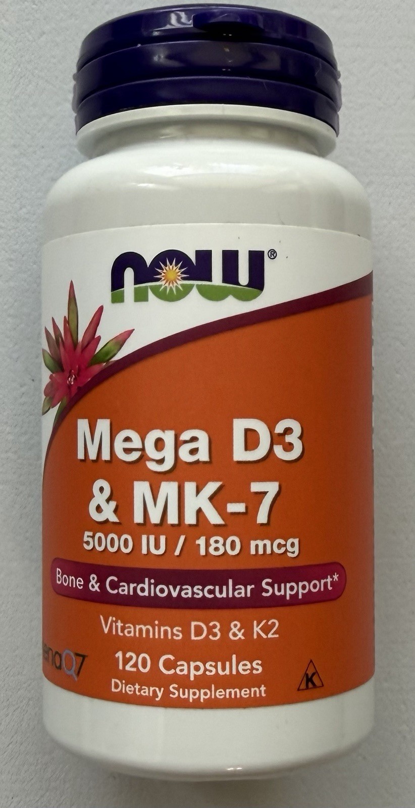 NOW Supplements, Mega D-3 & MK-7 5000 IU / 180 mcg Vitamins K2 & D3 120 Capsules