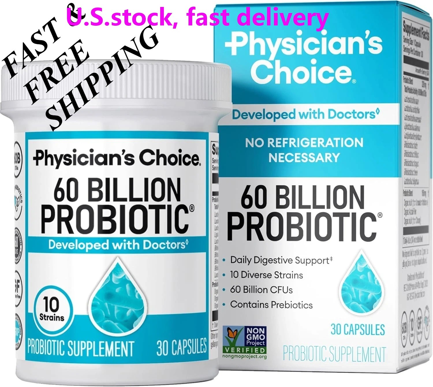 2 BOTTLES- Physician’s Choice 60 Billion Probiotic Dietary Supplement-30Capsules