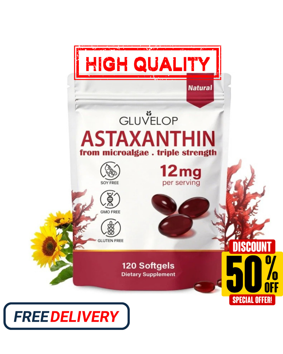Astaxanthin 12mg 120 Softgels, 4 Month Supply,Triple Strength,Non-GMO,Eye Health