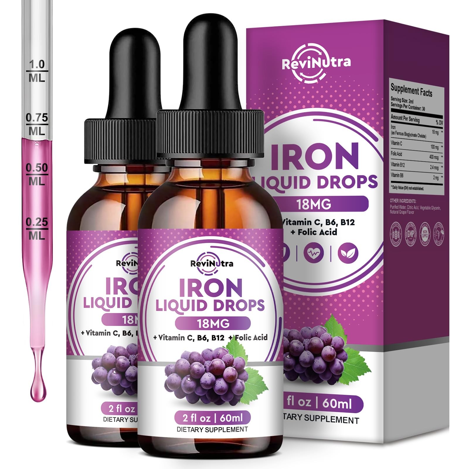 2 Pack Liquid Iron Supplement for Women Men & Kids – Liquid Iron Drops with F…
