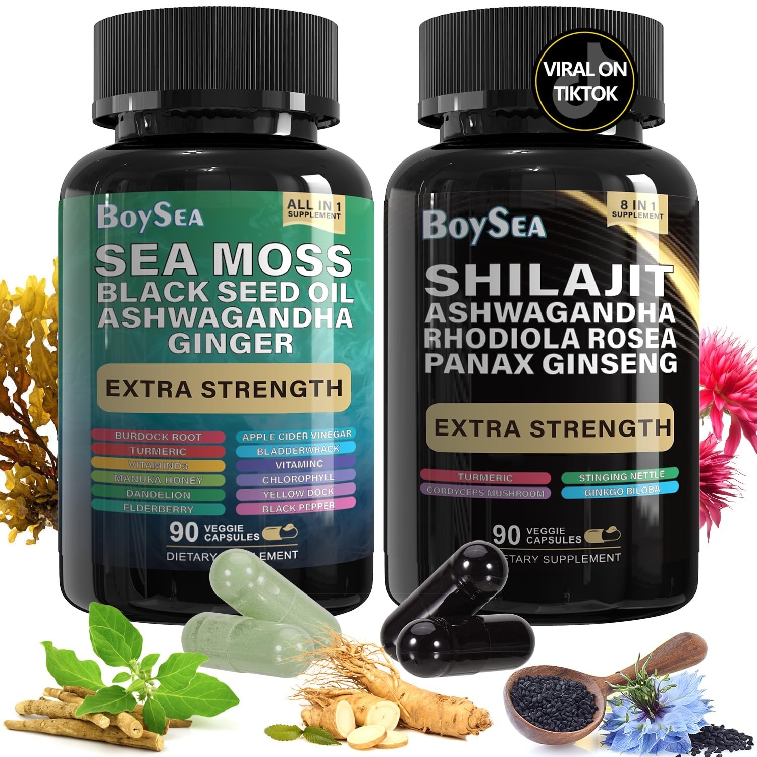 Shilajit & Sea Moss Bundle – 180 Count Supplements with Black Seed Oil, Ashwagan