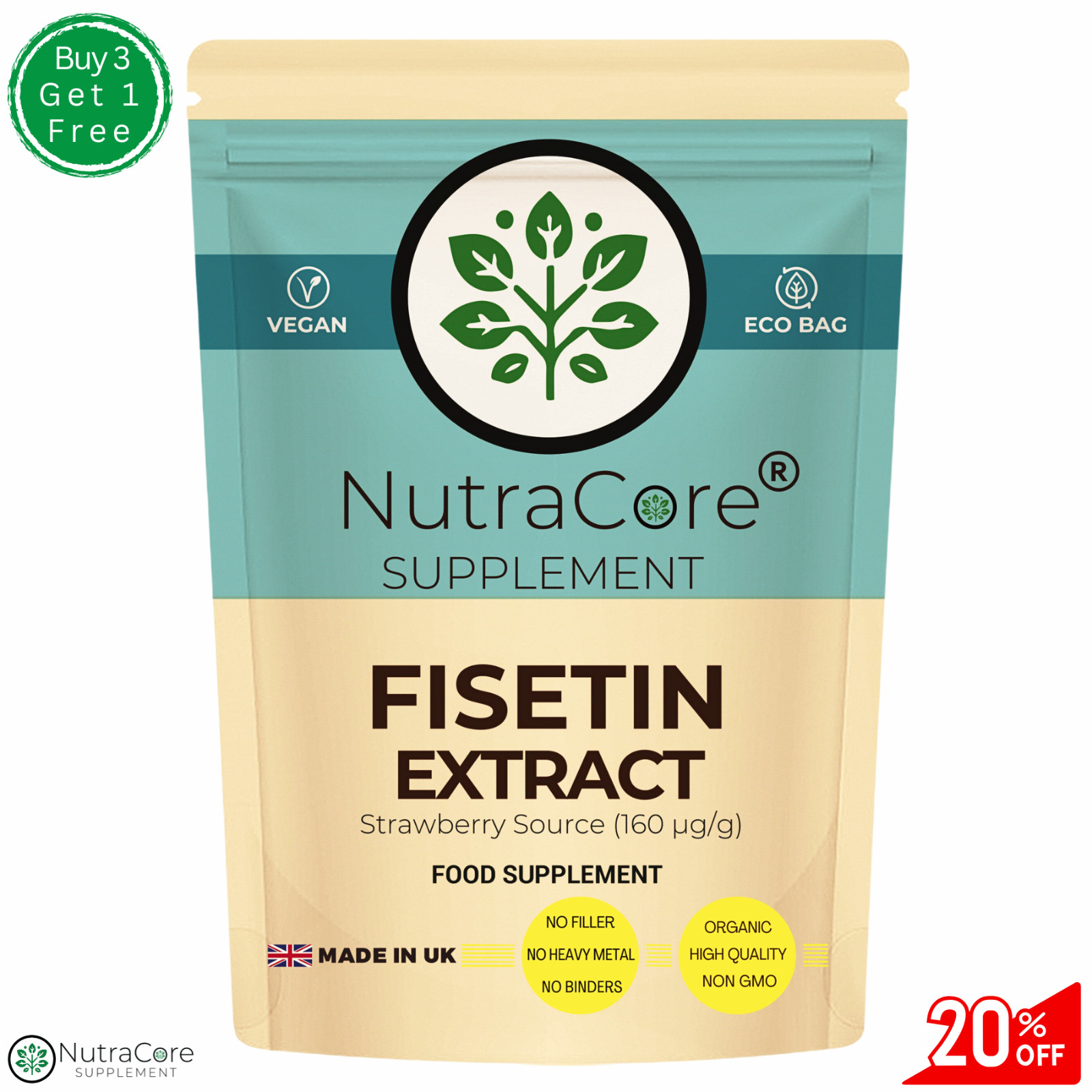 Fisetin Extract 550mg Capsules-(Strawberry Source & 160 μg/g)-100%Vegan-90Caps