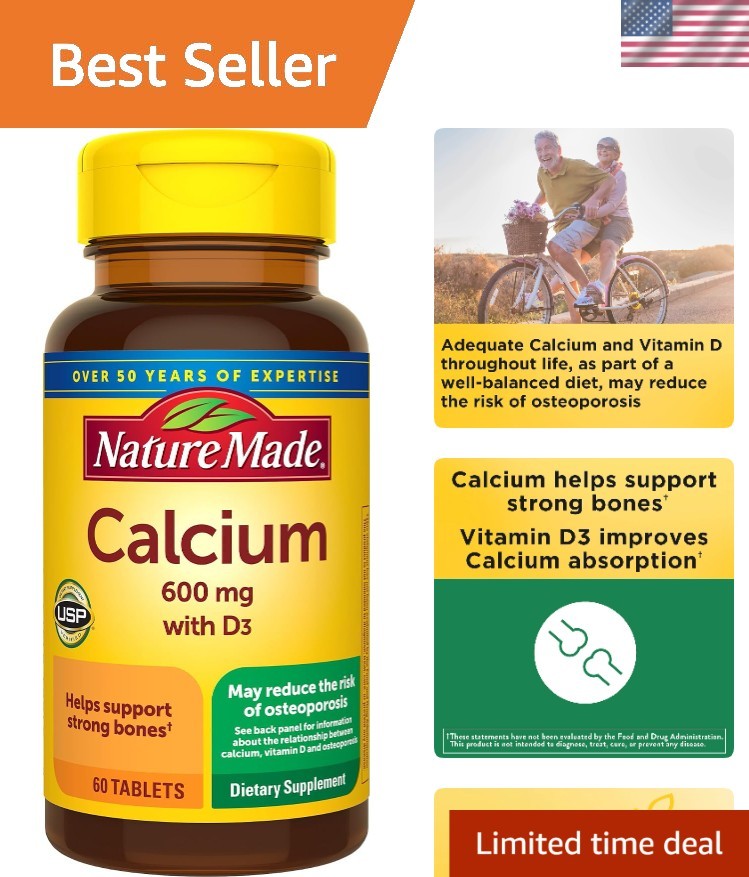 Daily Calcium 600 mg & Vitamin D3 for Strong Bones – 60 Easy-to-Swallow Tablets