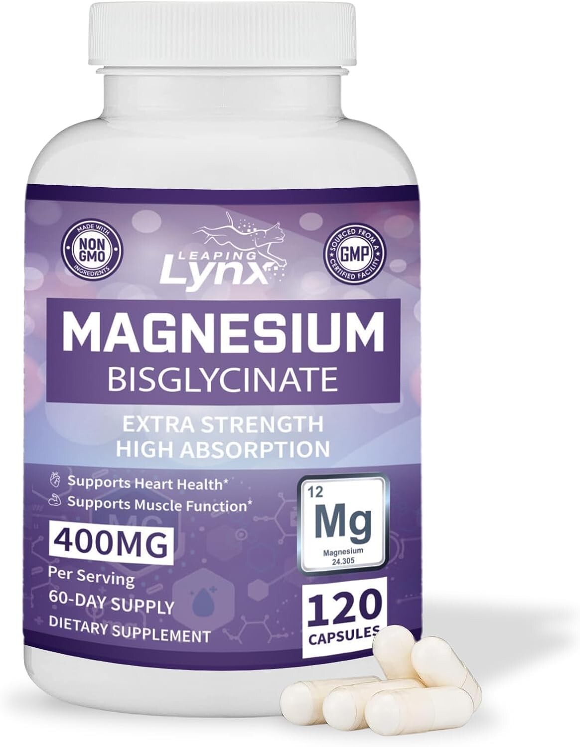 Extra Strength Magnesium Glycinate 400mg, 120 Capsules, 60 Day Supply, High-A…
