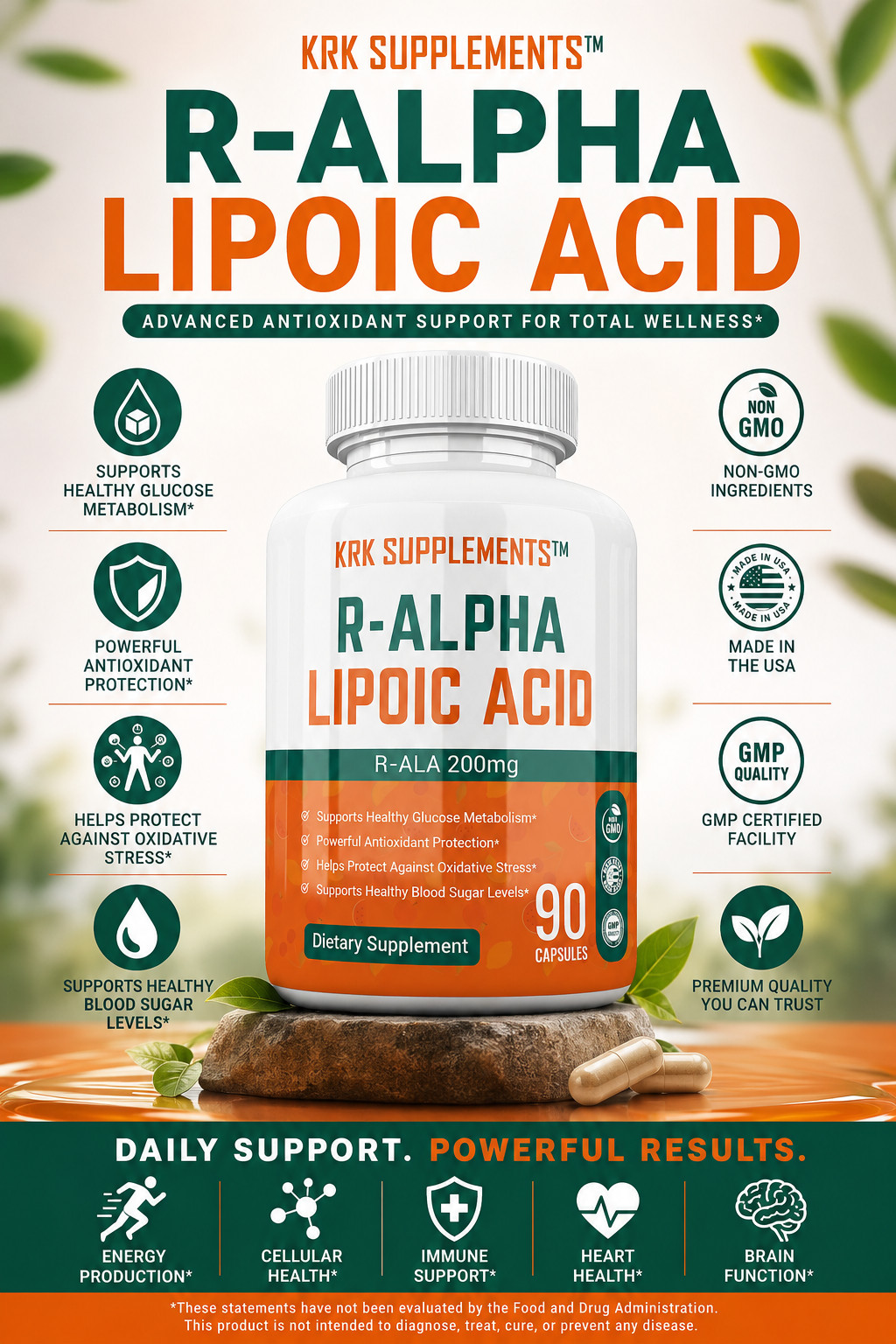 1 Bottle R-ALA R-Alpha Lipoic Acid 200mg Antioxidant Blood Sugar Glucose Support