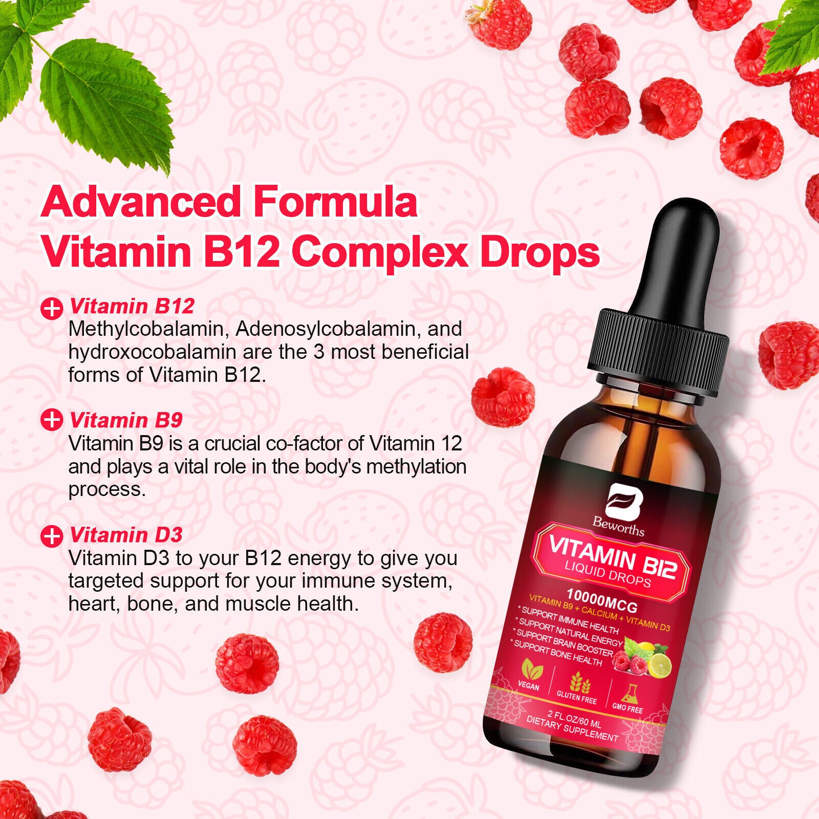 Vitamin B Complex Vegan Liquid Drops B9, B12 & Vitamin D3 for Men and Women