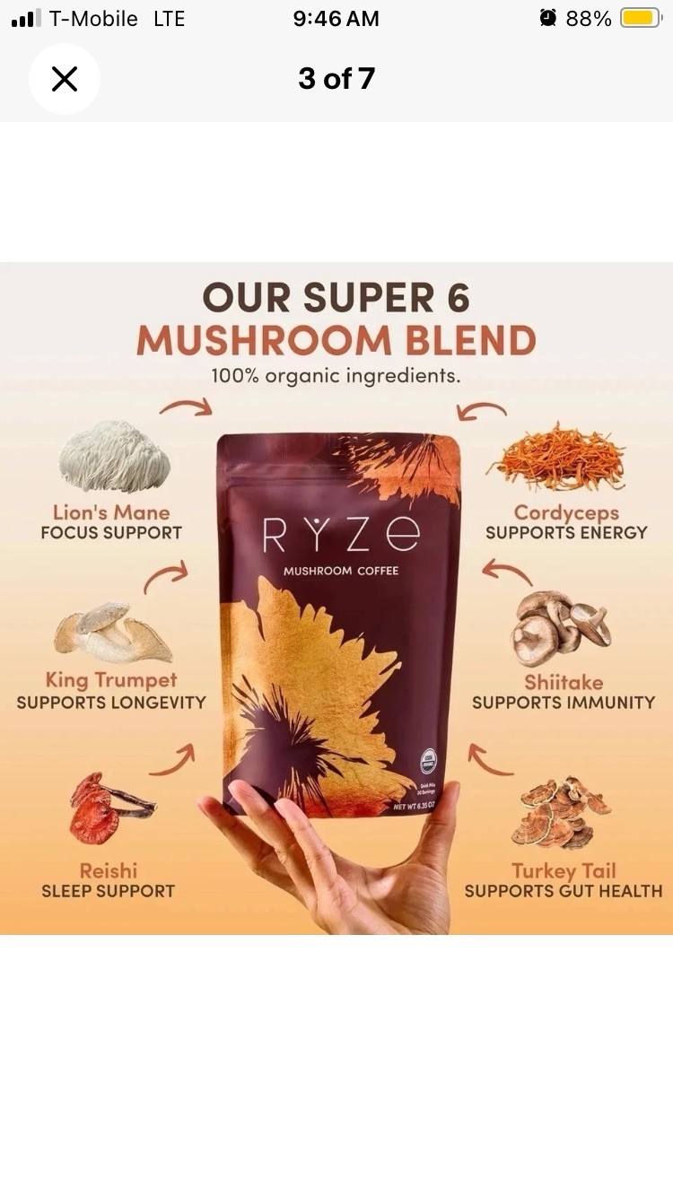 RYZE Mushroom Coffee USDA Organic with 6 Adaptogenic Mushrooms 30 servings New