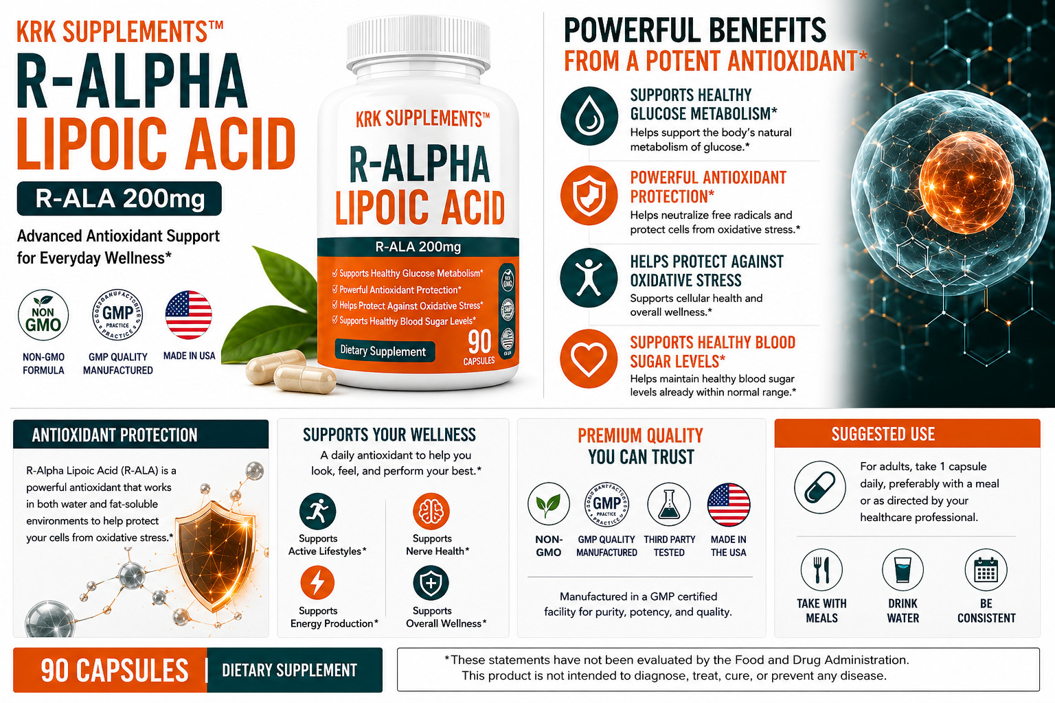 1 Bottle R-ALA R-Alpha Lipoic Acid 200mg Antioxidant Blood Sugar Glucose Support