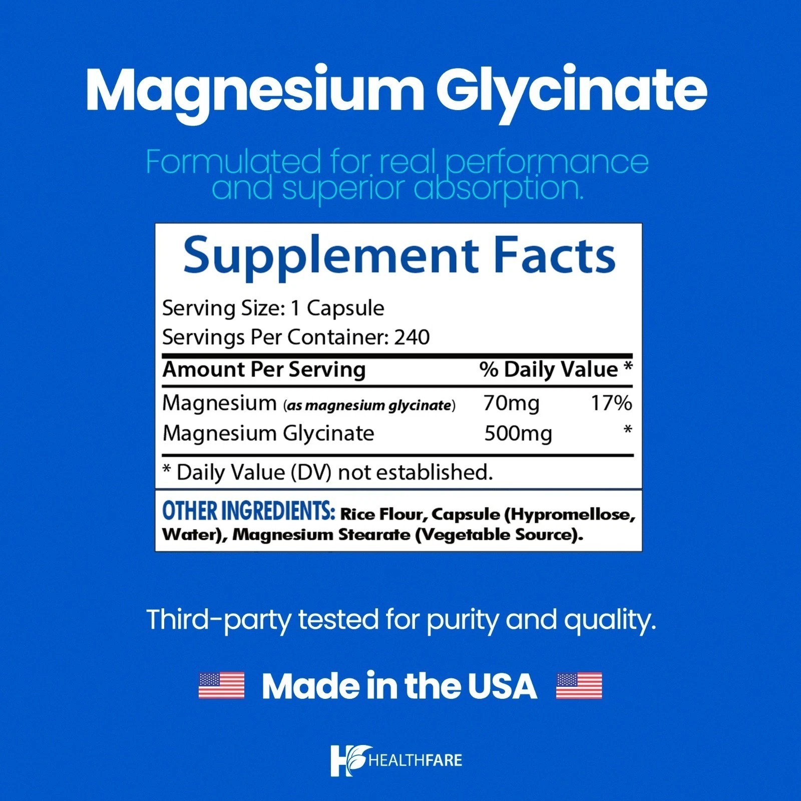 HealthFare Magnesium Glycinate 500mg | 240 Veg Capsules | High-Absorption