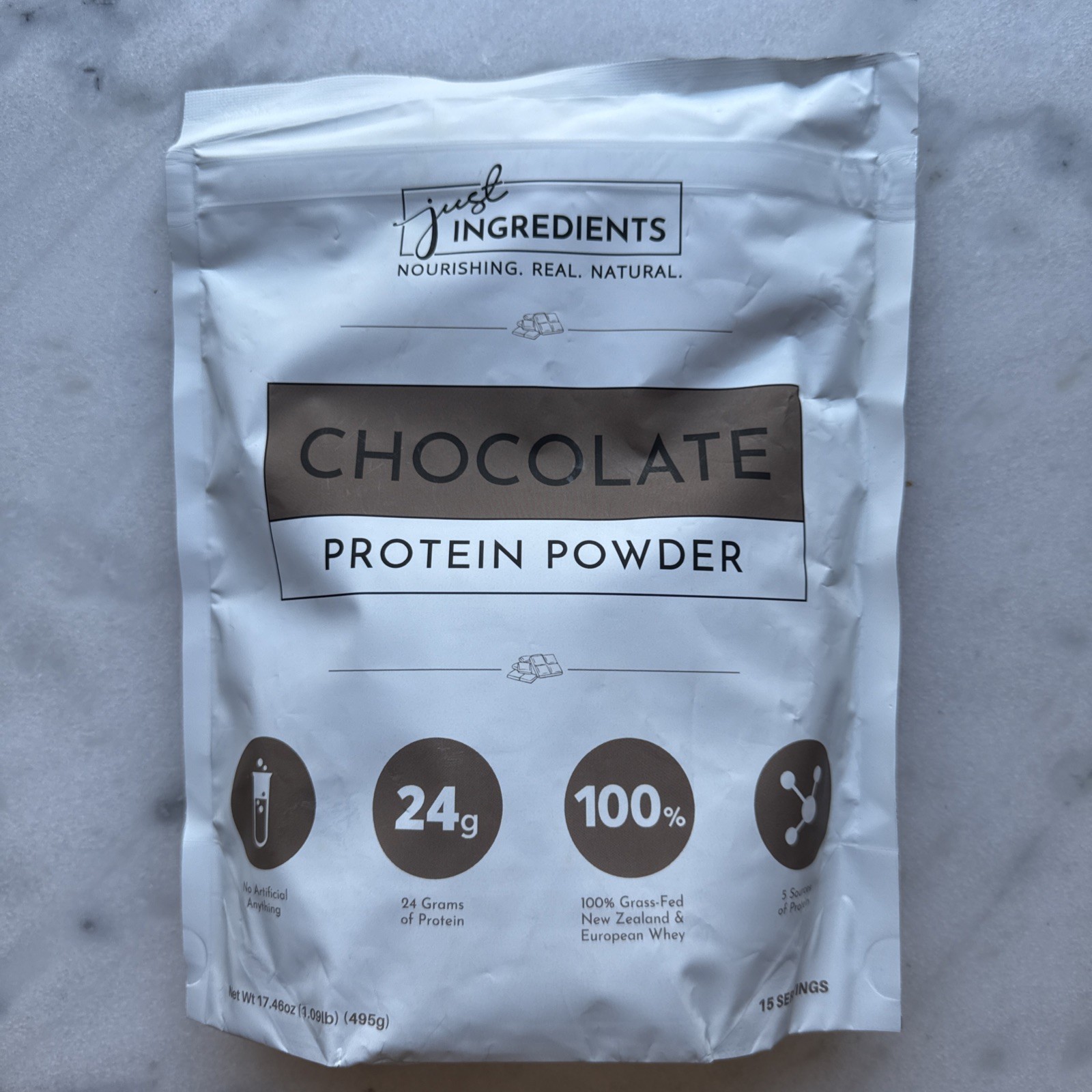 Just Ingredients Chocolate Protein Powder, 24g Protein, Grass-Fed. BB: 2027.