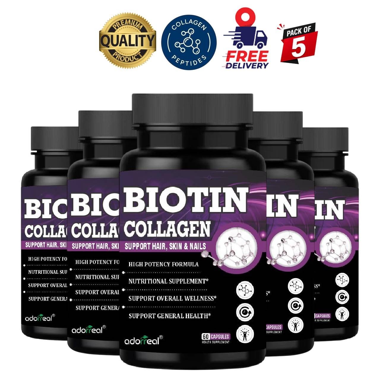 Ador.real Biotin 10000mcg 60 Caps Pack of 5 Hair Skin Formula