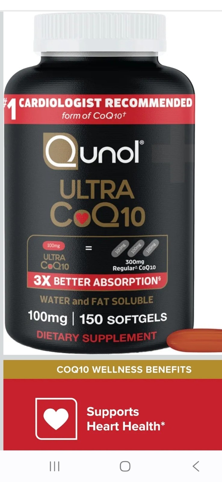 Qunol Ultra CoQ10 Softgels, 100mg, 90 Count Heart Health Supplement