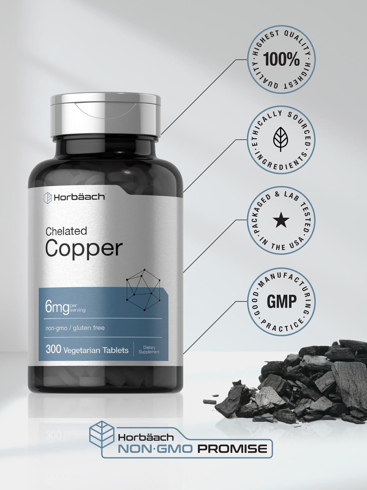 Chelated Copper | 6 mg | 300 Tablets | Vegetarian, Non-GMO | by Horbaach