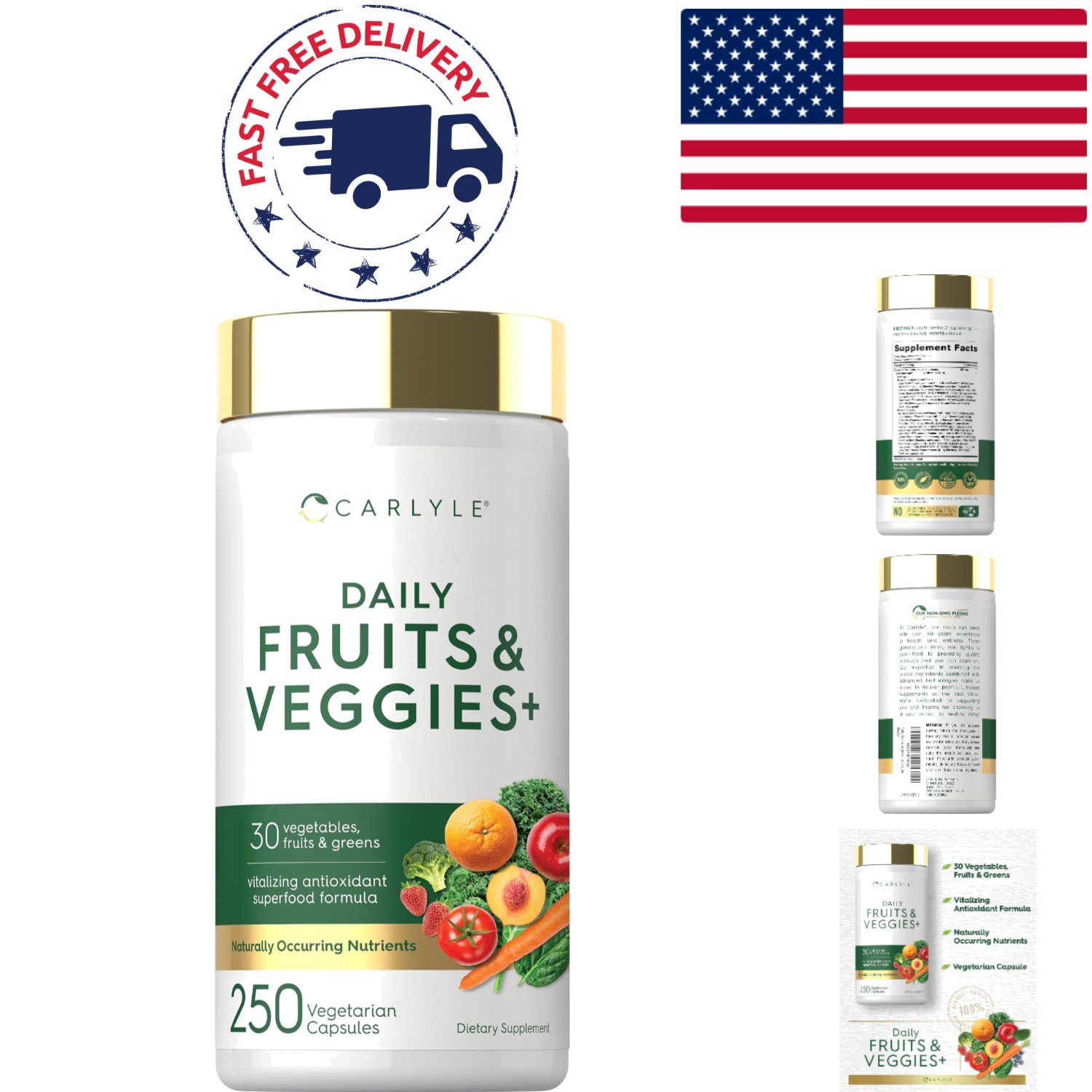Non-GMO Gluten Free Supplement – 250 Capsules of Fruits & Vegetables