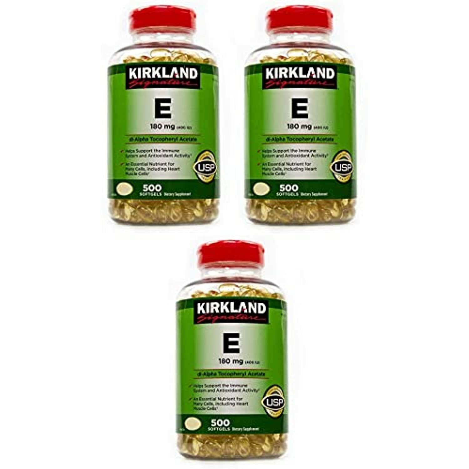 Kirkland Signature Vitamin E 400 I.U. 500 Softgels, Bottle, Yellow Pack of 3