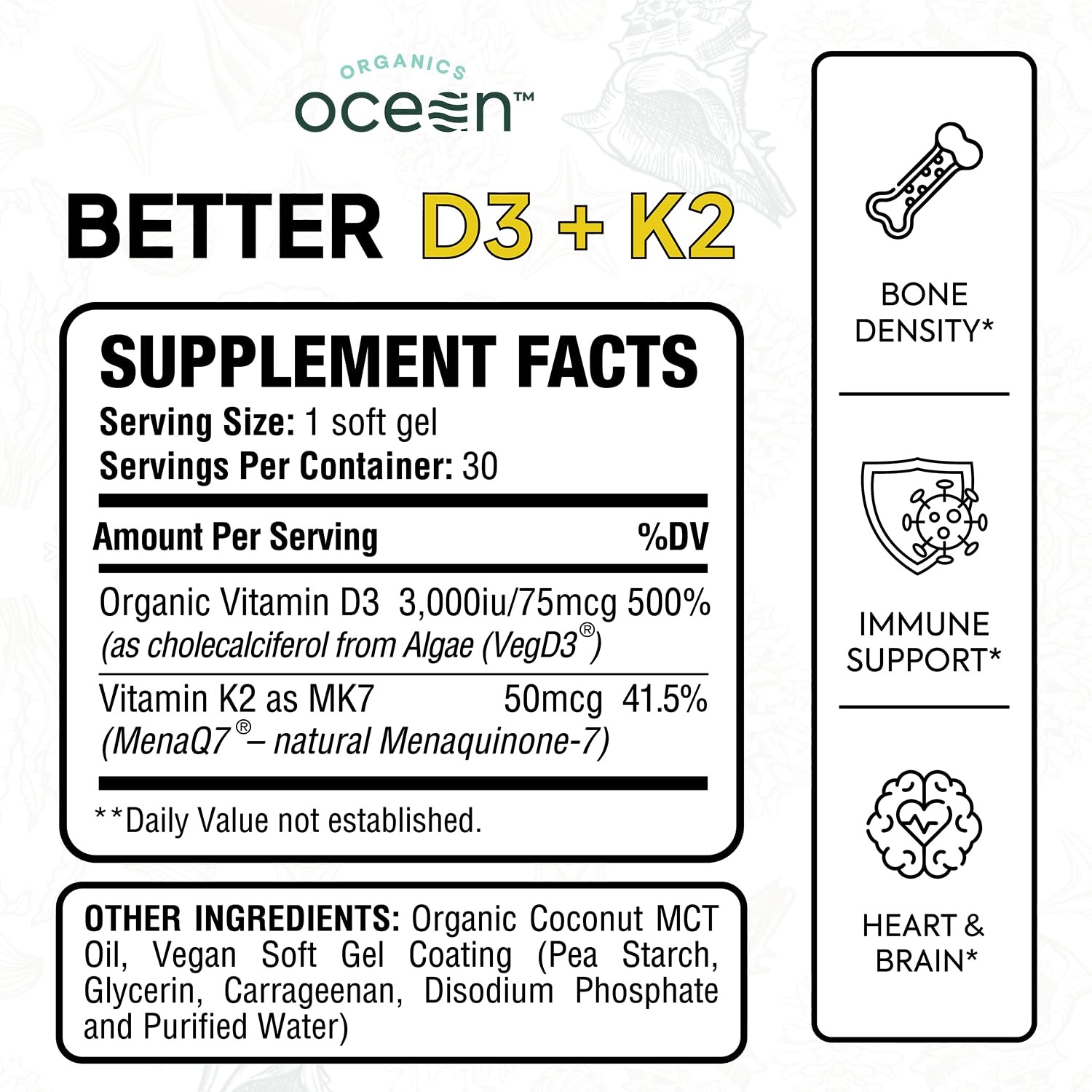 Organics Ocean Better D3 + K2-100% Organic VIT and K2 30 Count (Pack of 1)