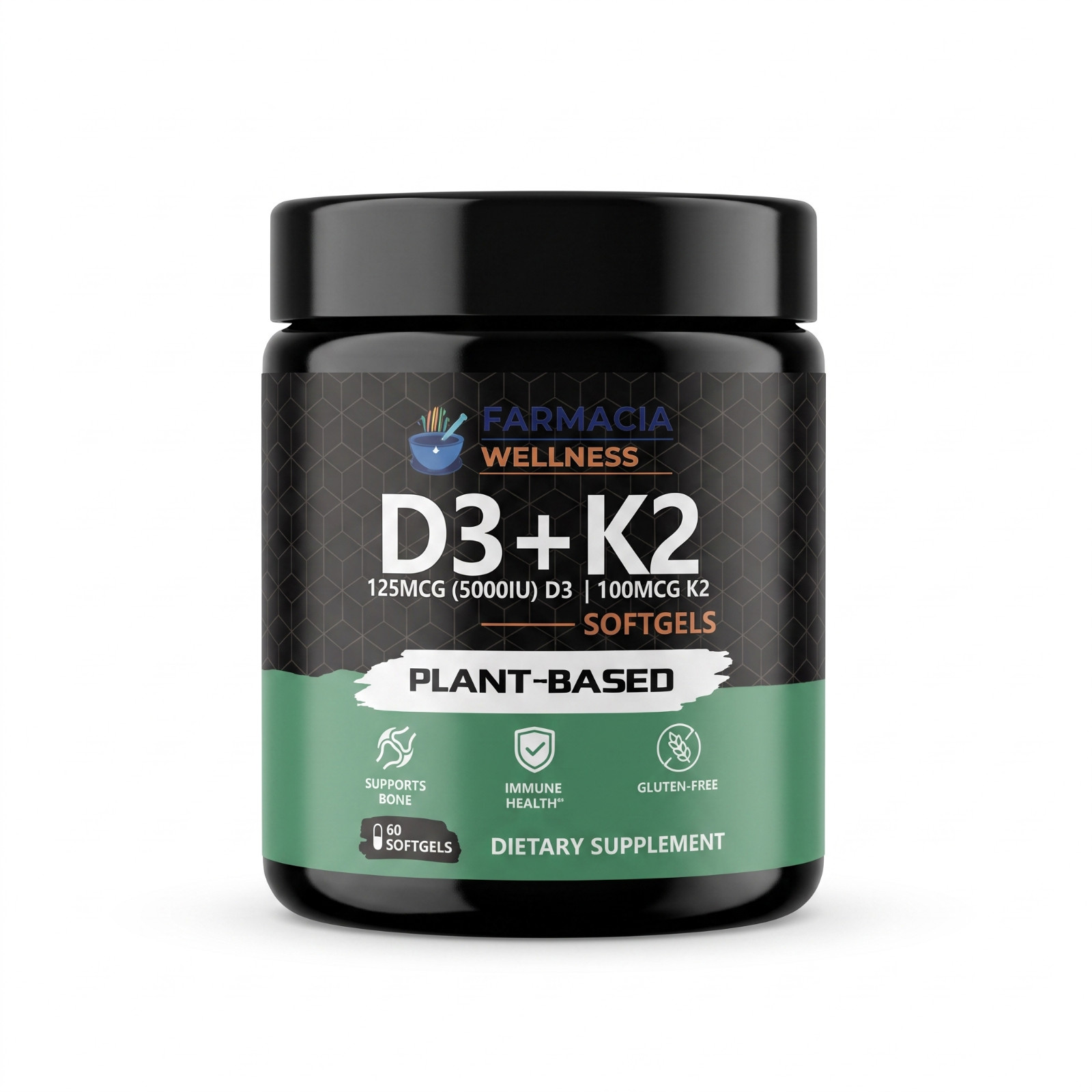 Farmacia Wellness D3 + K2 60 Softgels 5000 IU Plant-Based Bone Immune Support