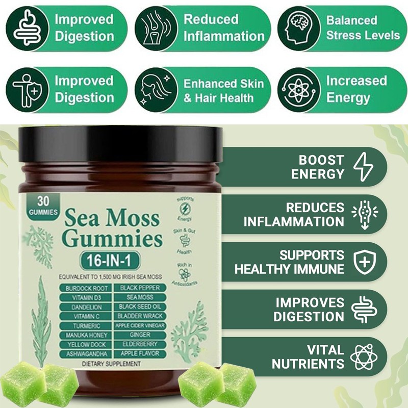 Sea Moss Gummies 16-in-1, Sea Moss Blend with Black Seed Oil-Green Apple Flavor